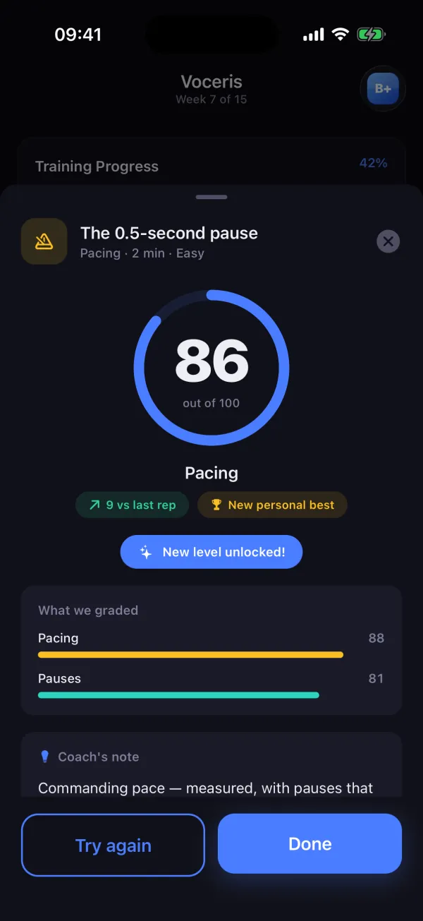 Exercise result: pacing drill scored 86 out of 100